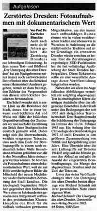 Zeitungsausschnitt Dresdner Stadtteilzeitung/Rezension zum Buch Der Untergang des alten Dresden in der Bombennacht vom 13./14. Februar 1945