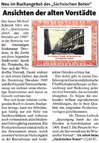 Zeitungsausschnitt Dresdner Sächsischer Bote/Rezension zum Buch Spaziergang durch das alte Dresden in Ansichtskarten um 1900. Die Pirnaische Vorstadt, die Seevorstadt und die Wilsdruffer Vorstadt ( Band 3)