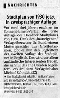 Zeitungsausschnitt/Sächsische Zeitung/Rezension zum Stadtplan vom alten Dresden um 1930 2. Auflage